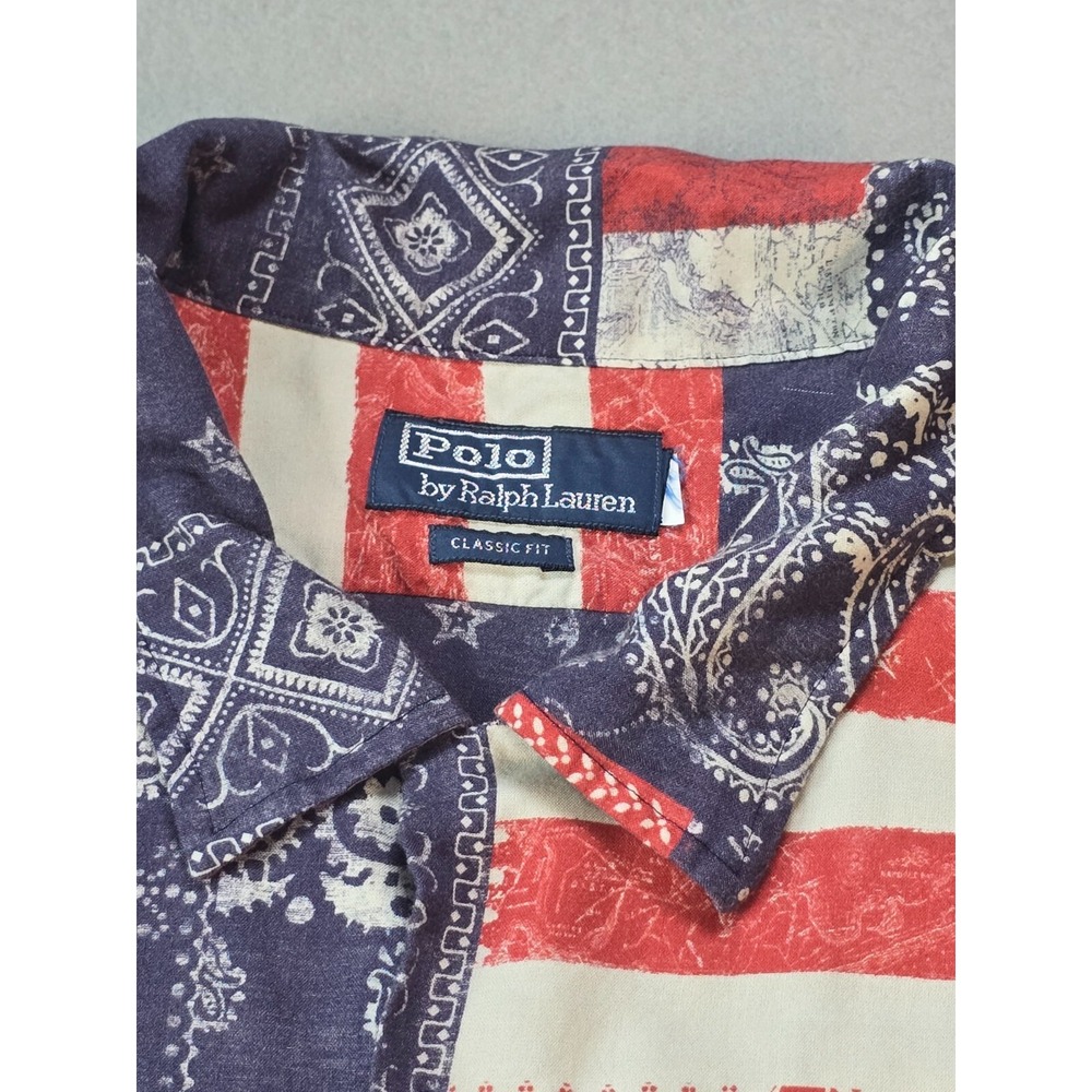 Vintage Polo Ralph Lauren Mens Shirt 2XL Blue Red Americana Patchwork Bandana - Picture 4 of 7